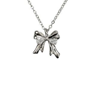 Silver Rhinestone Bow Necklace handmade platinum stainless steel cubic zirconia